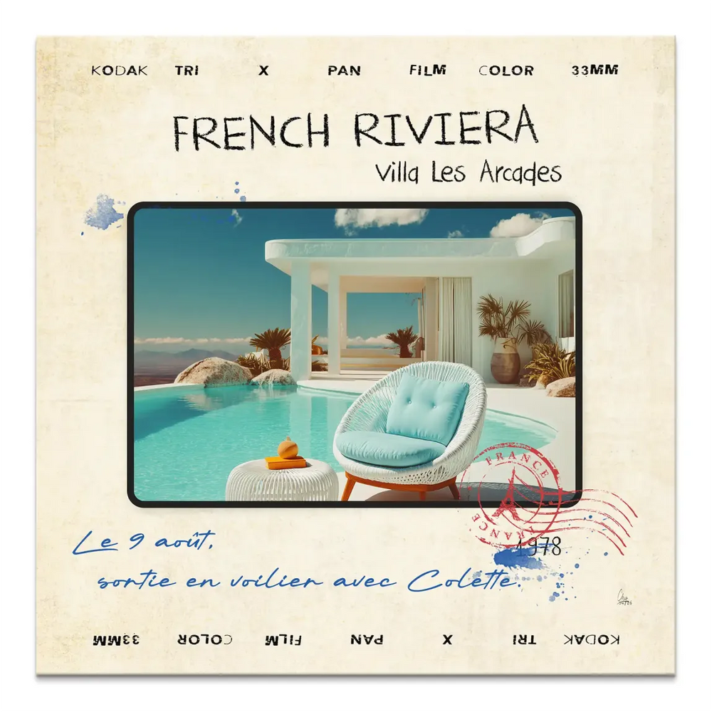Vintage postcard-style wall art featuring a white villa and turquoise infinity pool under a bright blue sky.