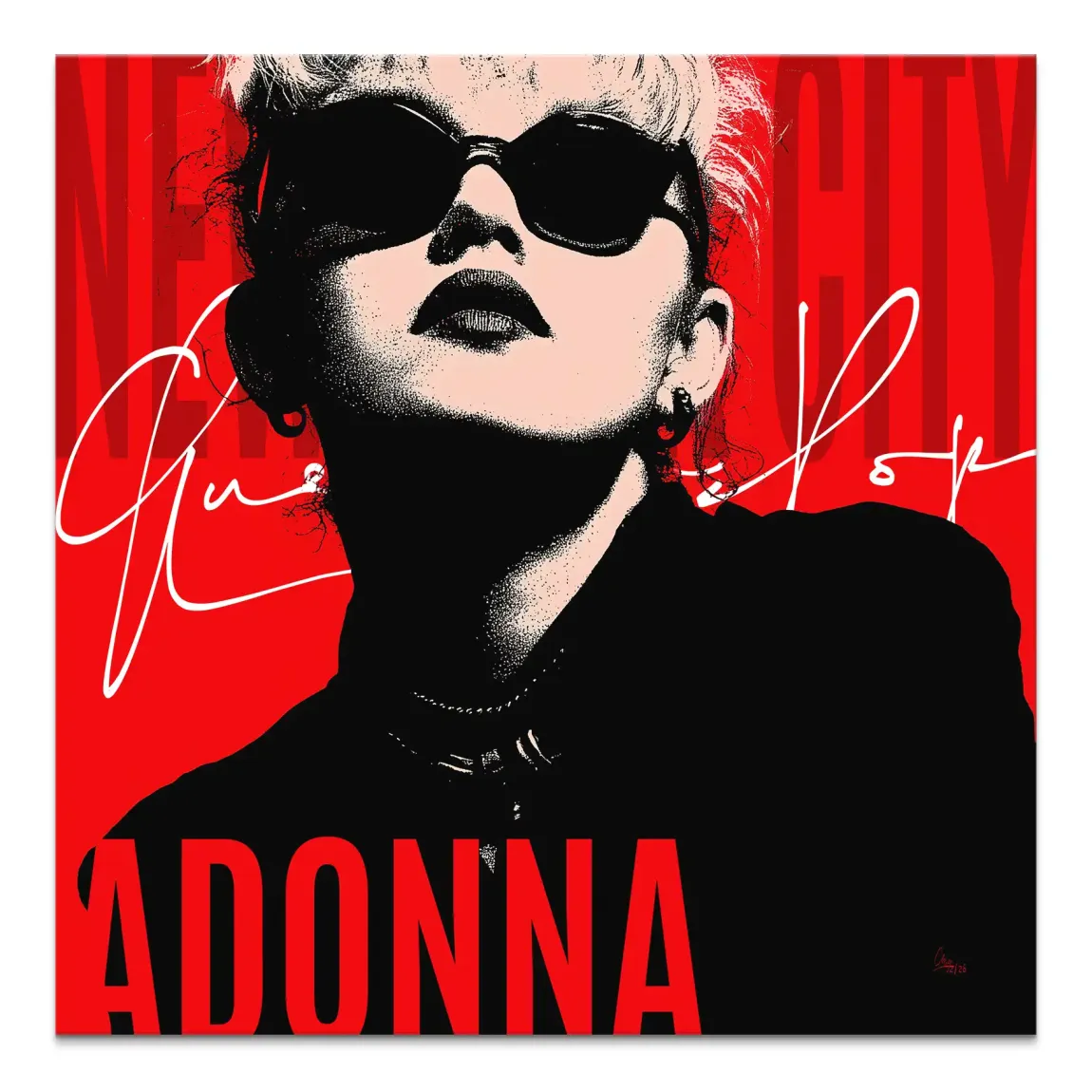 Madonna pop art on canvas with platinum blonde hair and dark sunglasses in a bold red, black, and pale pink palette with white typography