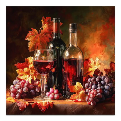Elegant wine harvest canvas art with two red wine bottles and a poured glass