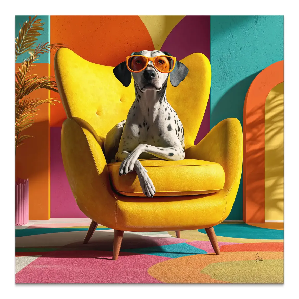 Dalmatian wearing orange sunglasses relaxing in a bright yellow mid-century chair from Sunny Seat canvas print