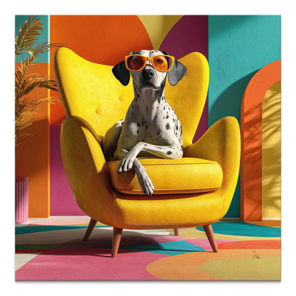 Dalmatian wearing orange sunglasses relaxing in a bright yellow mid-century chair from Sunny Seat canvas print