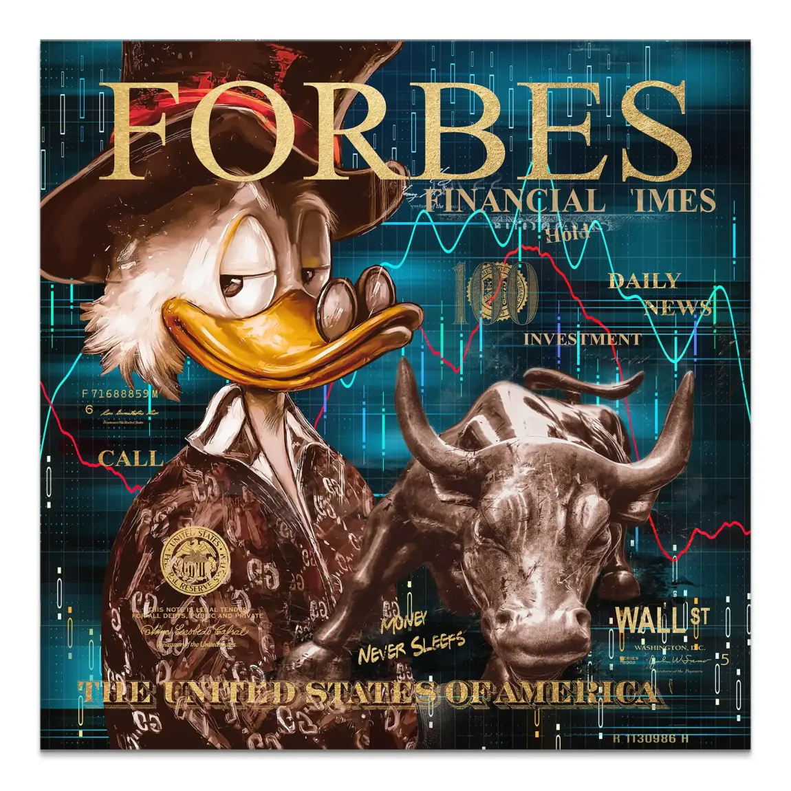 Scrooge McDuck wearing a fedora beside the bronze Wall Street Bull on a blue financial grid with gold Forbes and Financial Times headlines.