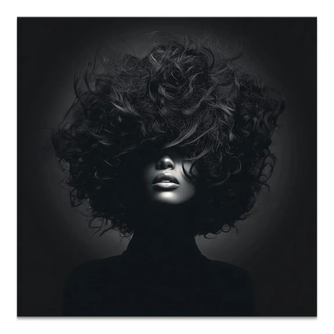 Monochrome portrait of a mysterious woman with voluminous curly hair obscuring the eyes, lips highlighted