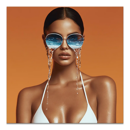 Surreal portrait of a woman wearing oversized sunglasses reflecting a calm blue ocean.