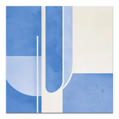Blue geometry canvas art with vertical lines and a U-curve in cool blue tones
