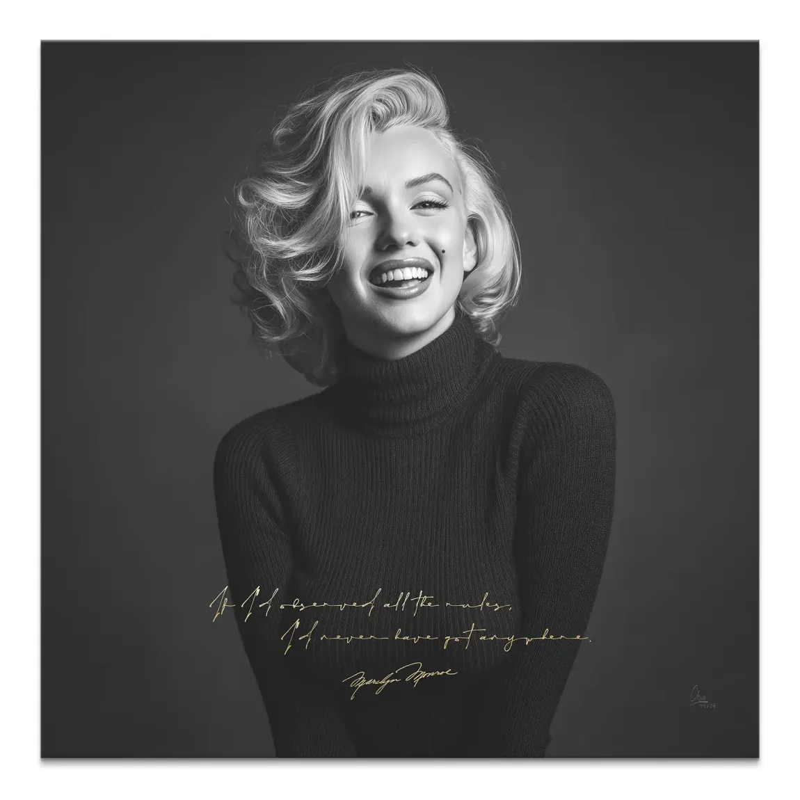 Marilyn Monroe smiling portrait on a black and white canvas
