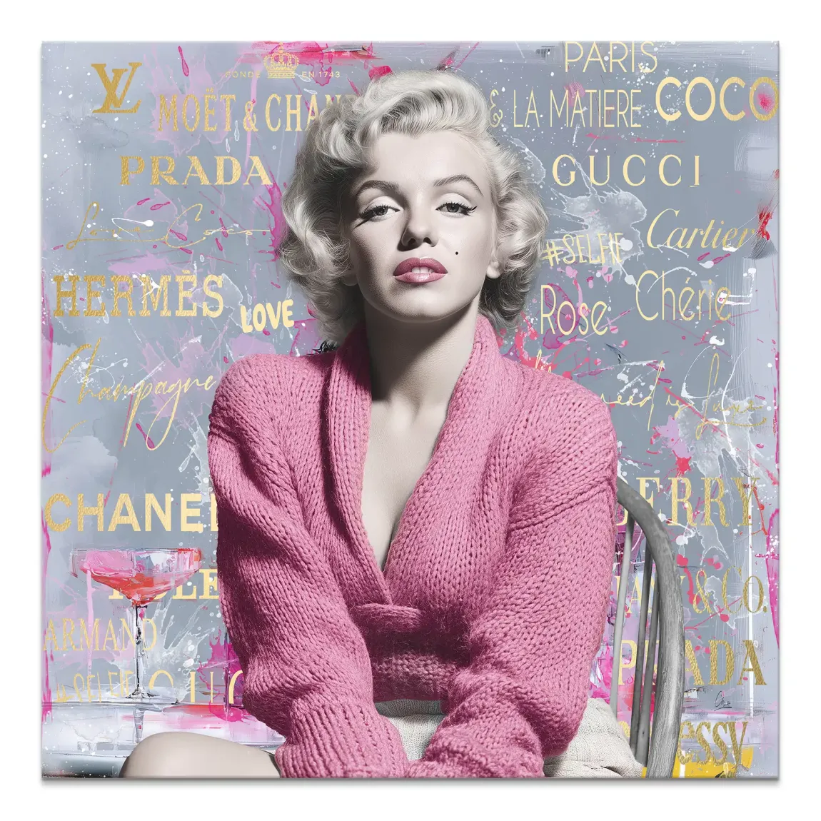 Marilyn Monroe portrait on a grey canvas with platinum blonde hair and a pink knit top