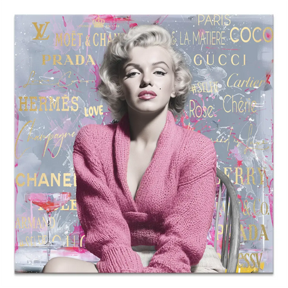 Marilyn Monroe portrait on a grey canvas with platinum blonde hair and a pink knit top