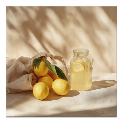 Lemons still life on canvas with yellow lemons in a rustic fabric bag