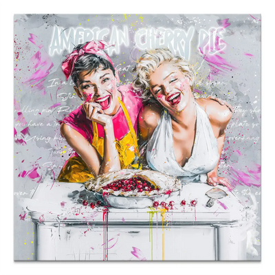 Pop art canvas featuring Audrey Hepburn and Marilyn Monroe baking with flour and cherry juice.