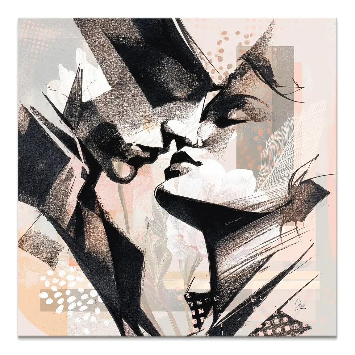 Two abstract figures embrace in bold black strokes on a soft blush and grey background.