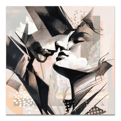 Two abstract figures embrace in bold black strokes on a soft blush and grey background.
