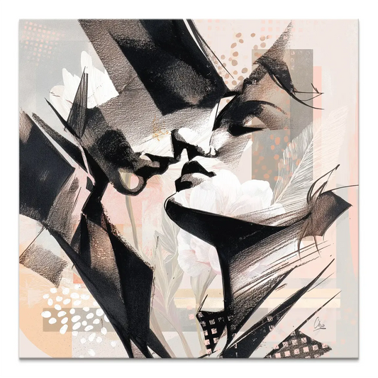 Two abstract figures embrace in bold black strokes on a soft blush and grey background.