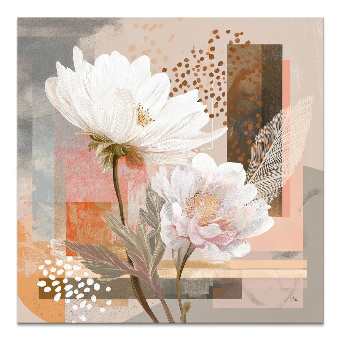 Soft Bloom canvas featuring white and pale pink peony-inspired blooms with gold centers against an abstract geometric background.