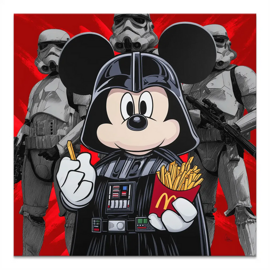 Mickey Mouse dressed as Darth Vader holding French fries with black-and-white Stormtroopers against a bold red brushstroke background