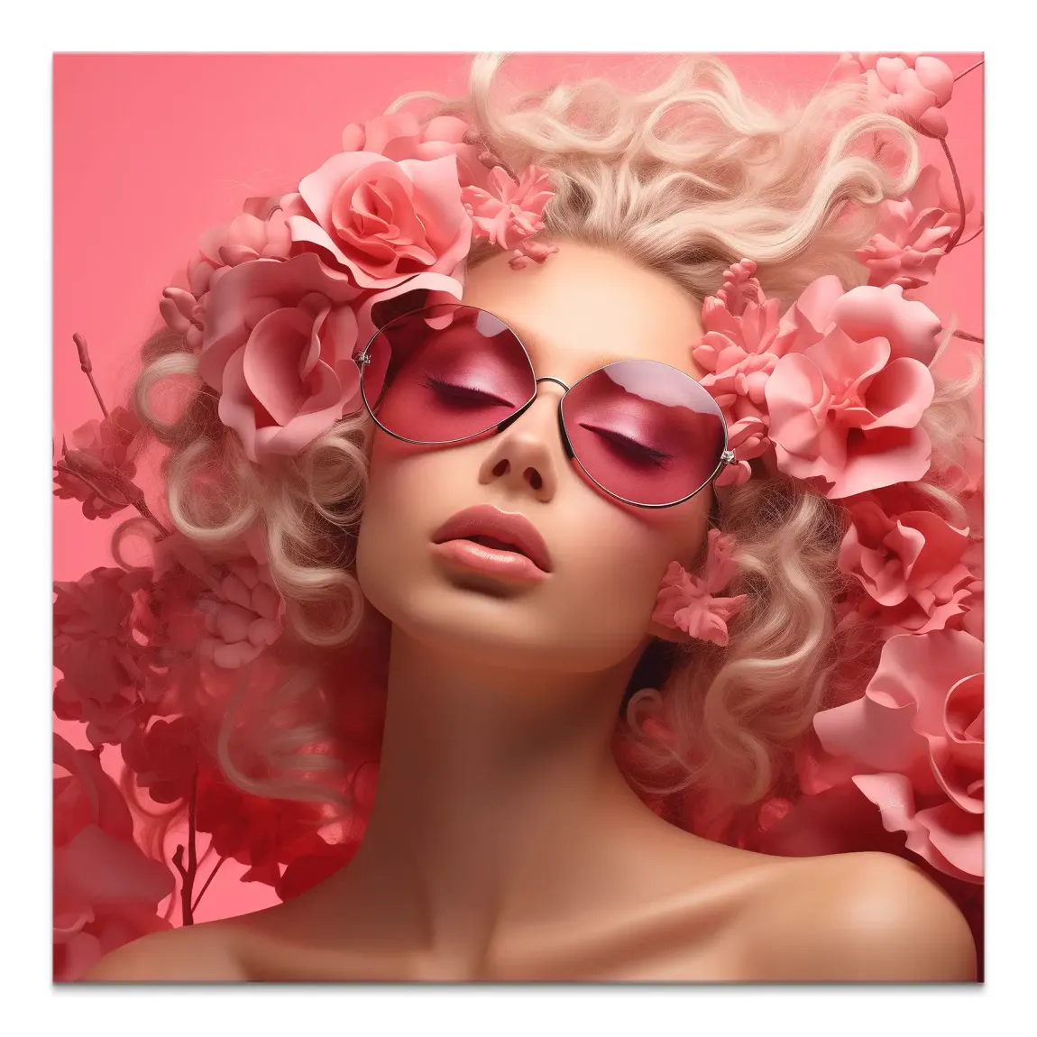 Close-up of a glamorous pink-toned portrait with pink roses in the hair and oversized pink sunglasses