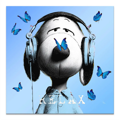 Snoopy Relax canvas art with headphones on a sky blue backdrop