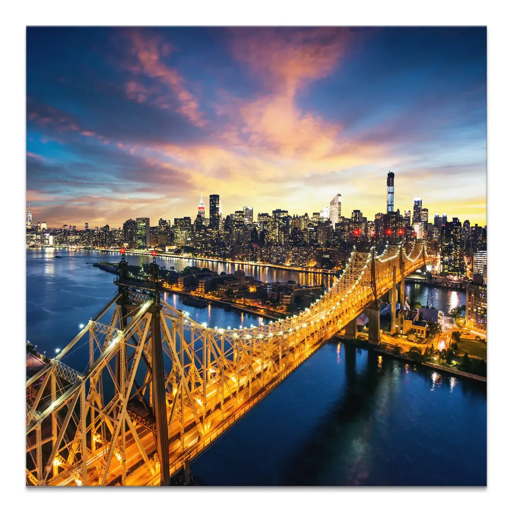 Manhattan panorama canvas print at dusk with illuminated Queensboro Bridge over the East River