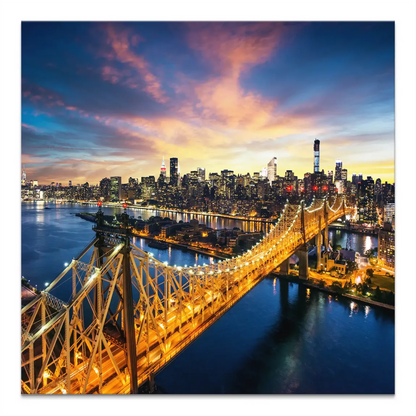 Manhattan panorama canvas print at dusk with illuminated Queensboro Bridge over the East River