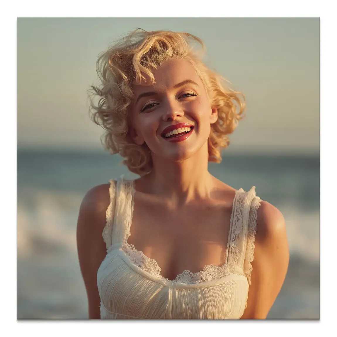 Radiant Marilyn Monroe-inspired woman in golden light on canvas with ocean backdrop