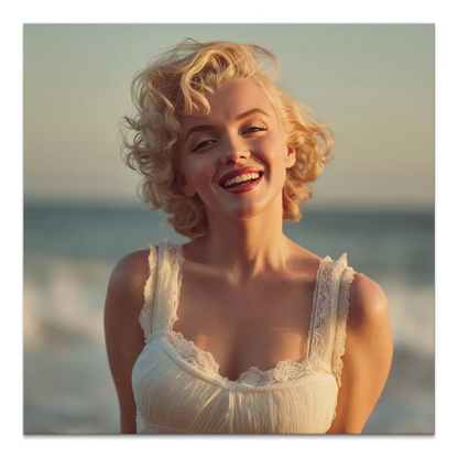 Radiant Marilyn Monroe-inspired woman in golden light on canvas with ocean backdrop