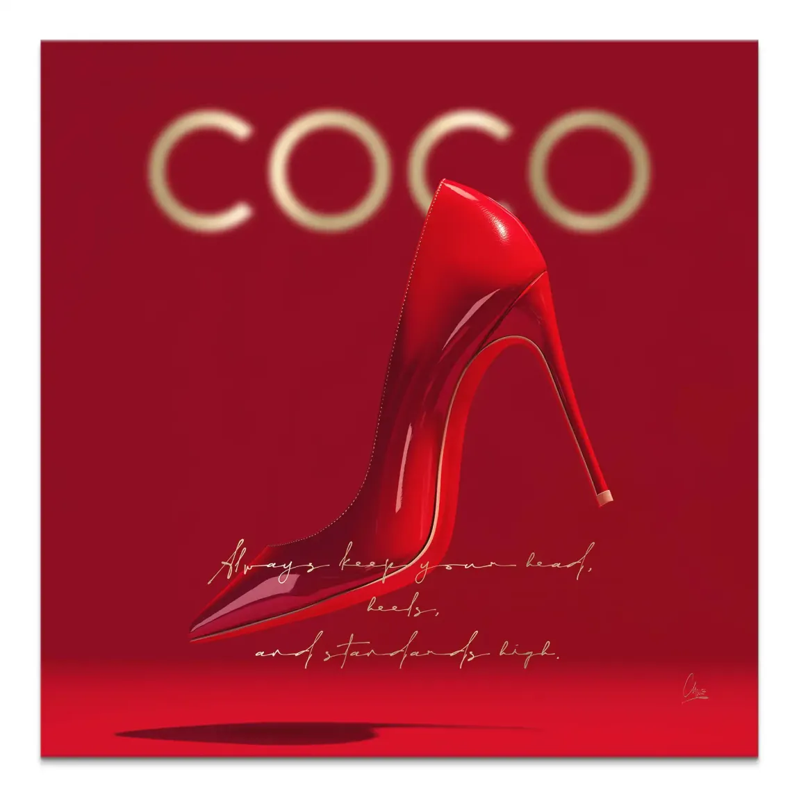 Red Coco Heels canvas print featuring a glossy red stiletto on a rich red backdrop with gold COCO text