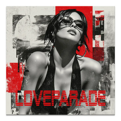 Monochrome canvas print of a woman in sunglasses with bold red LOVE PARADE text