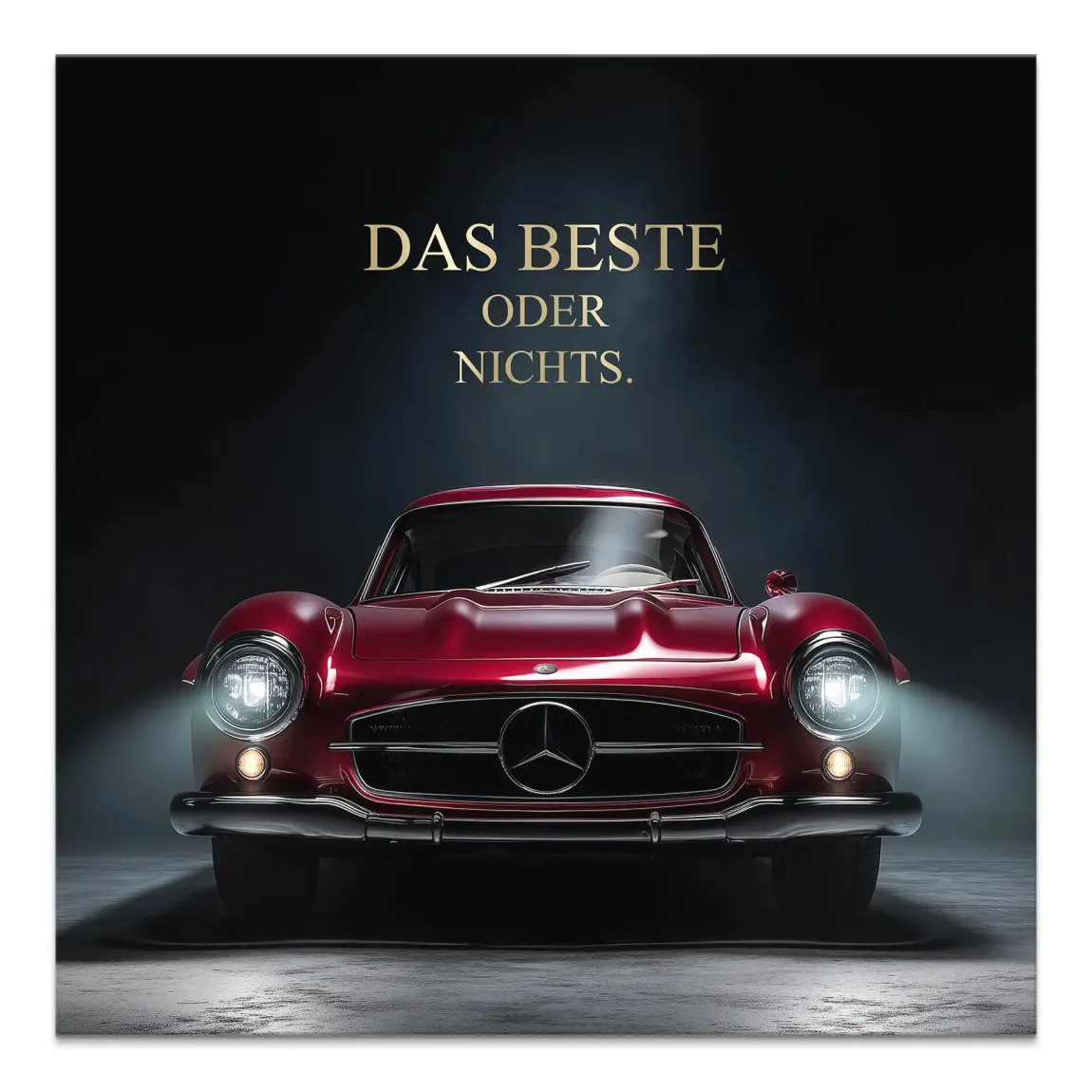 Front-on view of a red Mercedes 300SL Gullwing canvas print with glowing headlights.