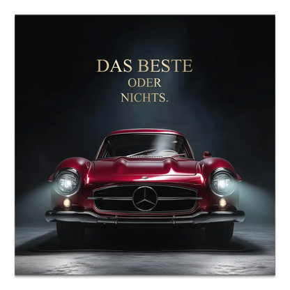 Front-on view of a red Mercedes 300SL Gullwing canvas print with glowing headlights.
