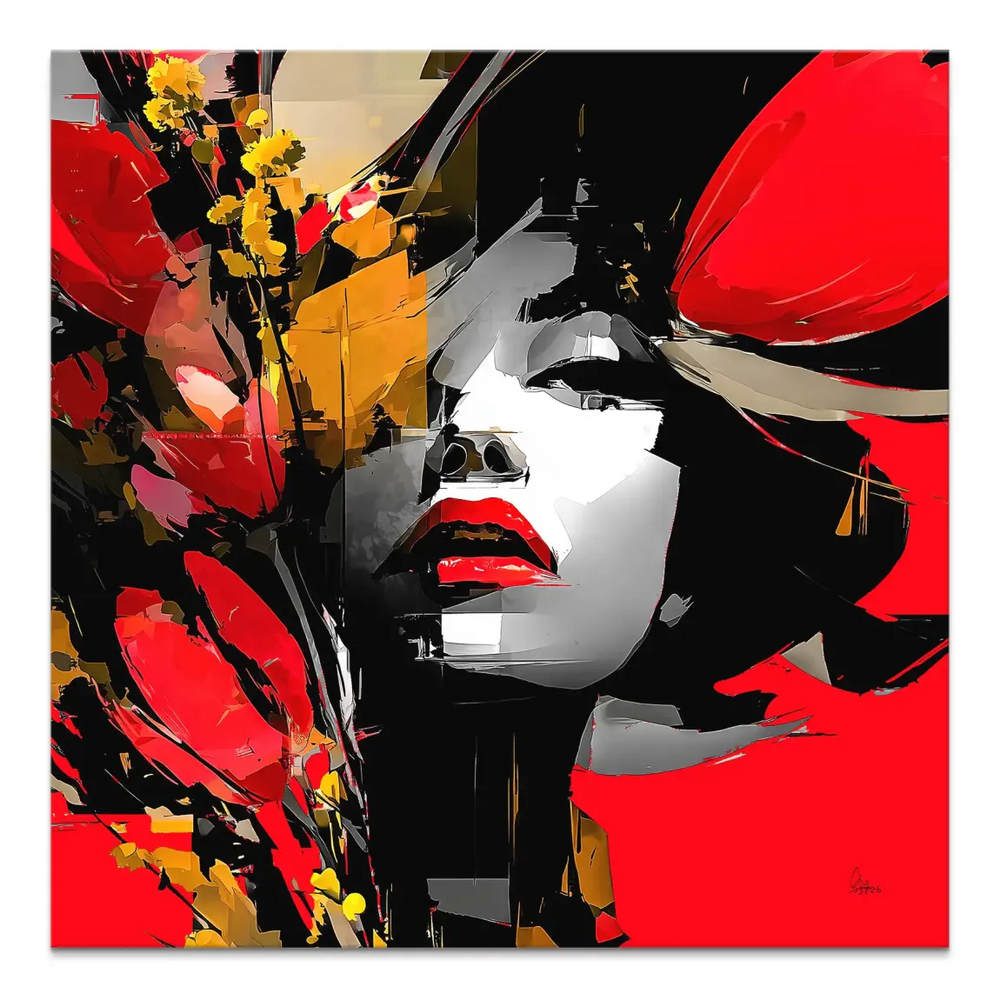 Red abstract canvas art featuring a black-and-white female profile with red lips and bold left-side red floral shapes.