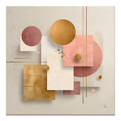 Abstract canvas print featuring layered geometric shapes in gold and soft rose tones.