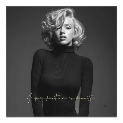 Black-and-white Marilyn Monroe canvas portrait with golden 'Imperfection is beauty' script