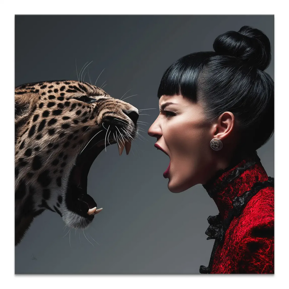 Leopard Diva Canvas Art: snarling leopard facing a woman in red in a side-by-side portrait.