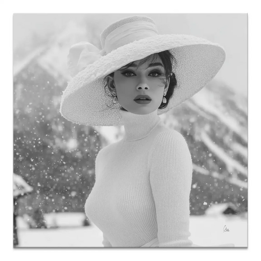 Audrey Hepburn-inspired black and white portrait on canvas with a wide-brim hat and snowy Aspen backdrop.