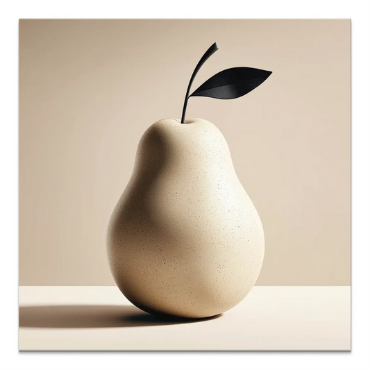 Sculptural pear canvas art with creamy beige texture and black stem on a neutral background.
