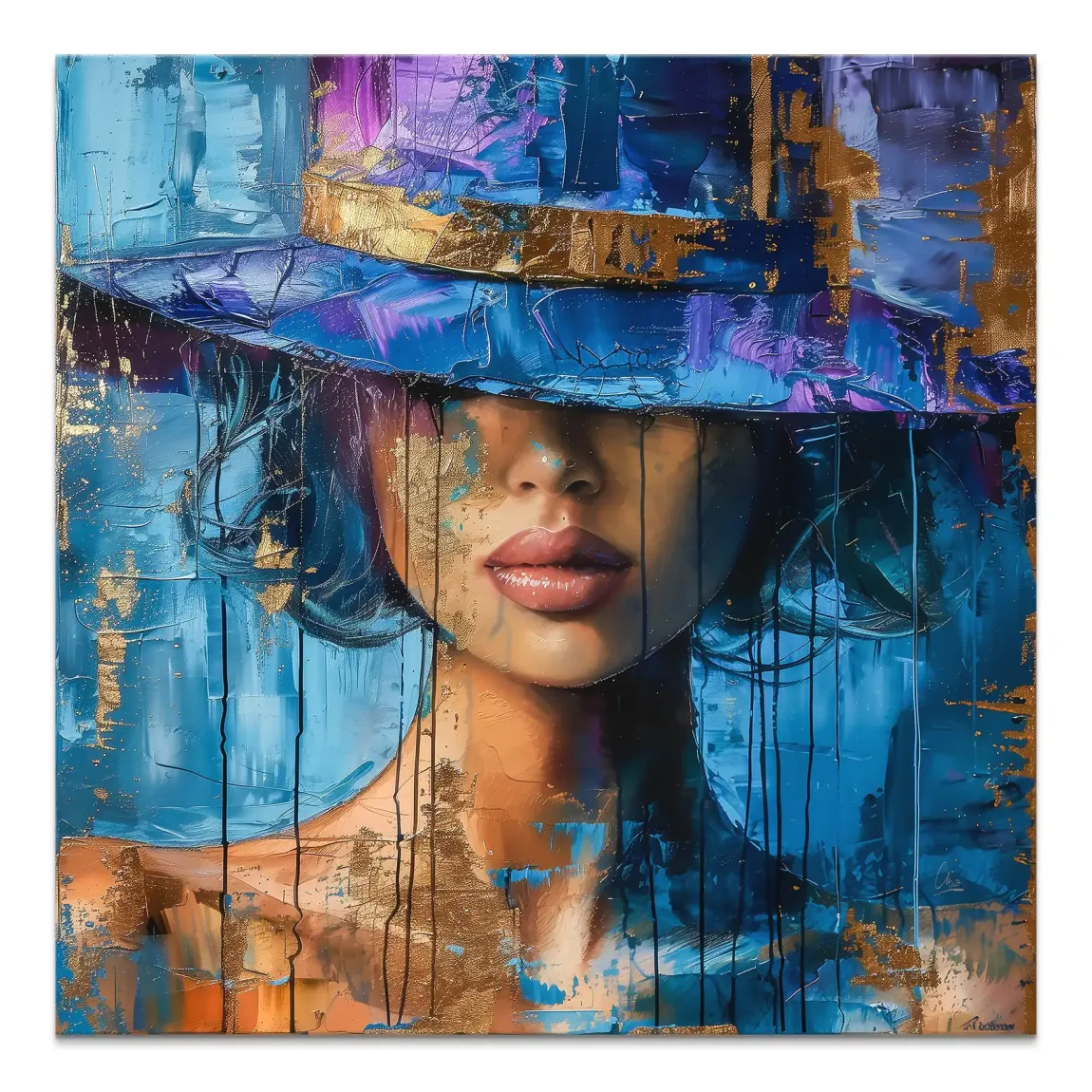 Blue Mystery canvas art: abstract portrait of a woman with a wide-brim hat in blue and purple tones