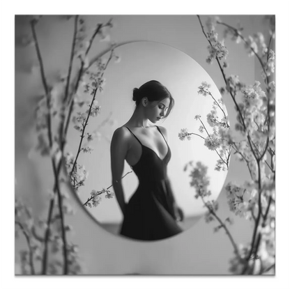 Black-and-white portrait of a poised woman in a sleek black dress within a circular frame.