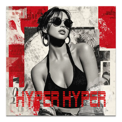 Black and white canvas portrait of a stylish woman wearing sunglasses with red HYPER HYPER text.