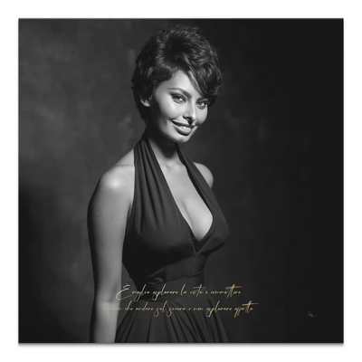 Black-and-white canvas portrait of Sophia Loren with glamorous smile in vintage Hollywood style.