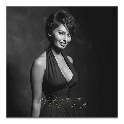 Black-and-white canvas portrait of Sophia Loren with glamorous smile in vintage Hollywood style.