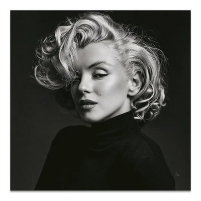 Monochrome portrait of Marilyn Monroe with blonde curls against a dark background.