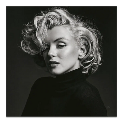 Monochrome portrait of Marilyn Monroe with blonde curls against a dark background.