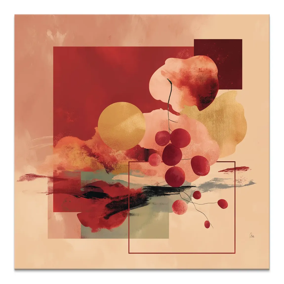 Scarlet Bloom abstract canvas art with bright red berries on slender stems