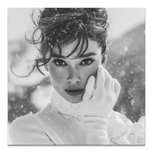 Audrey Hepburn snow portrait on a monochrome canvas print