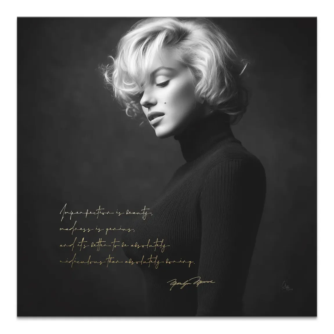 Marilyn Monroe Diva Canvas Print - black and white portrait with gold quote