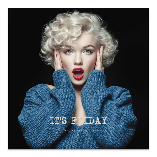 Marilyn Monroe-inspired wall art: platinum blonde figure in a blue knit sweater with blue eyes and red lips on a black background, featuring 'IT'S FRIDAY' text