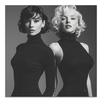 Black and white canvas print of Audrey Hepburn and Marilyn Monroe in turtlenecks against a gray backdrop.