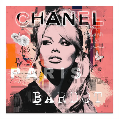 Black-and-white Bardot portrait on layered pink background with CHANEL PARIS BARDOT text