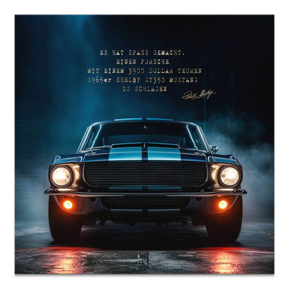 Front-on view of a 1965 Ford Mustang Shelby GT350 on a cinematic blue and amber canvas