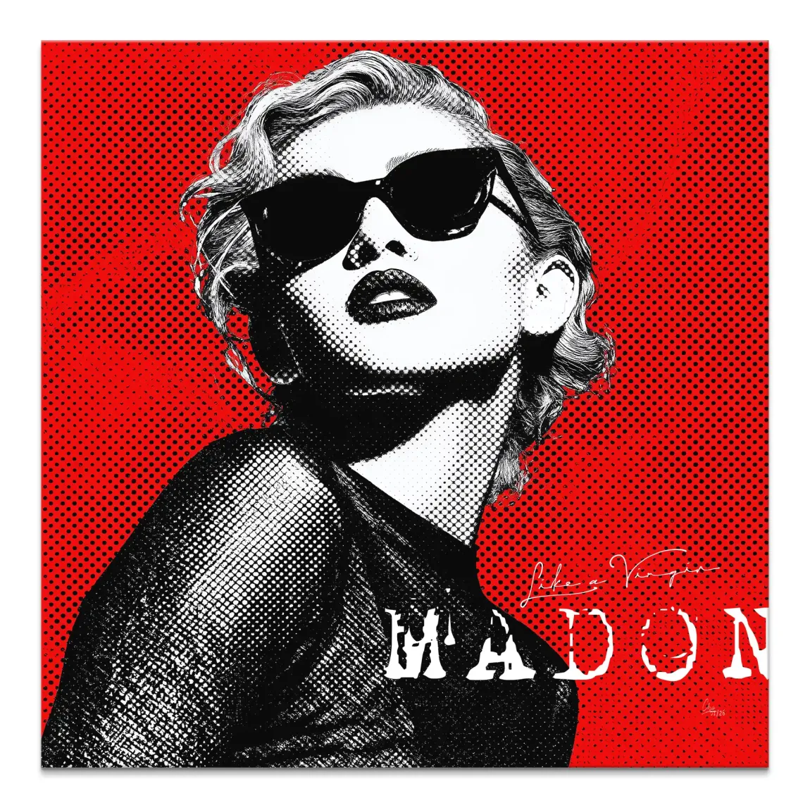 Rebel Madonna canvas art in black-and-white halftone with red background